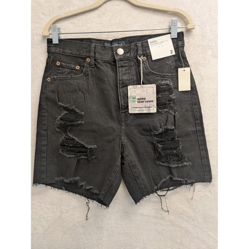 AERO 90s Baggy Short 6 Inch Distressed Denim Shorts Black Size 2 New With Tags